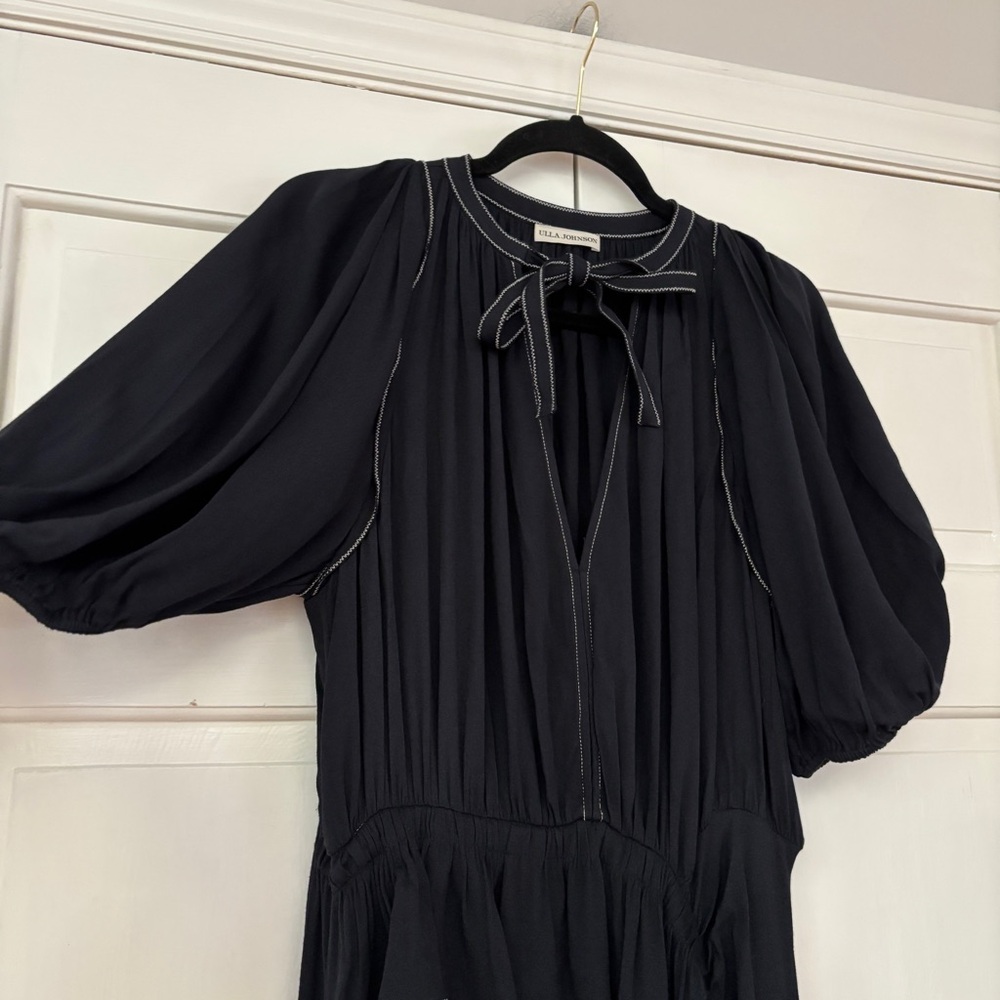 Ulla Johnson Leah Dress Noir Black Midi Puff Sleeve Contrast Trim Size 10 Tie‎ - Picture 13 of 16